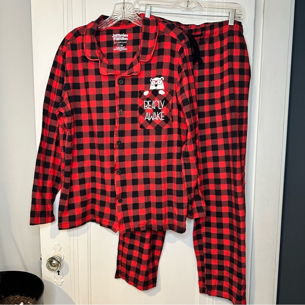 Cuddl Duds Red and Black Plaid Mens Pajama Set Bearly Awake